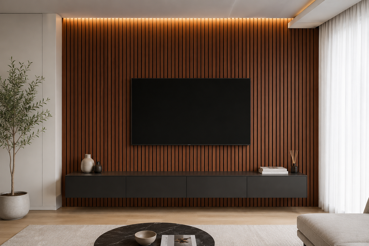 Mocha Acoustic Slat Wood Wall Panel installed in modern interior