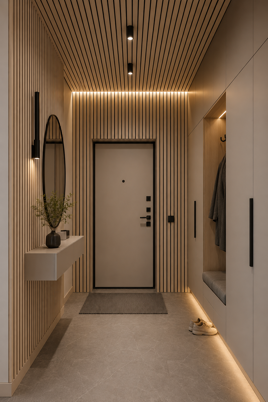 Wheat Acoustic Slat Wood Wall Panel installed in modern hallway
