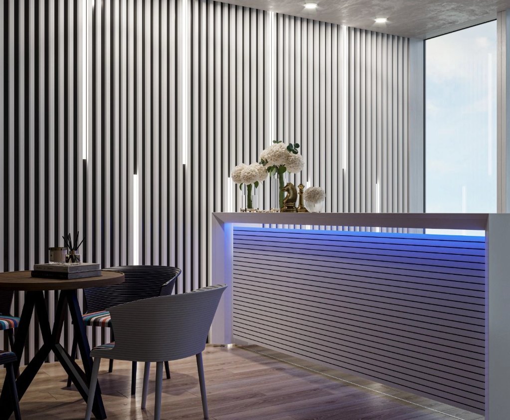 Decorative Wood Slat Wall Panels installed on modern feature wall