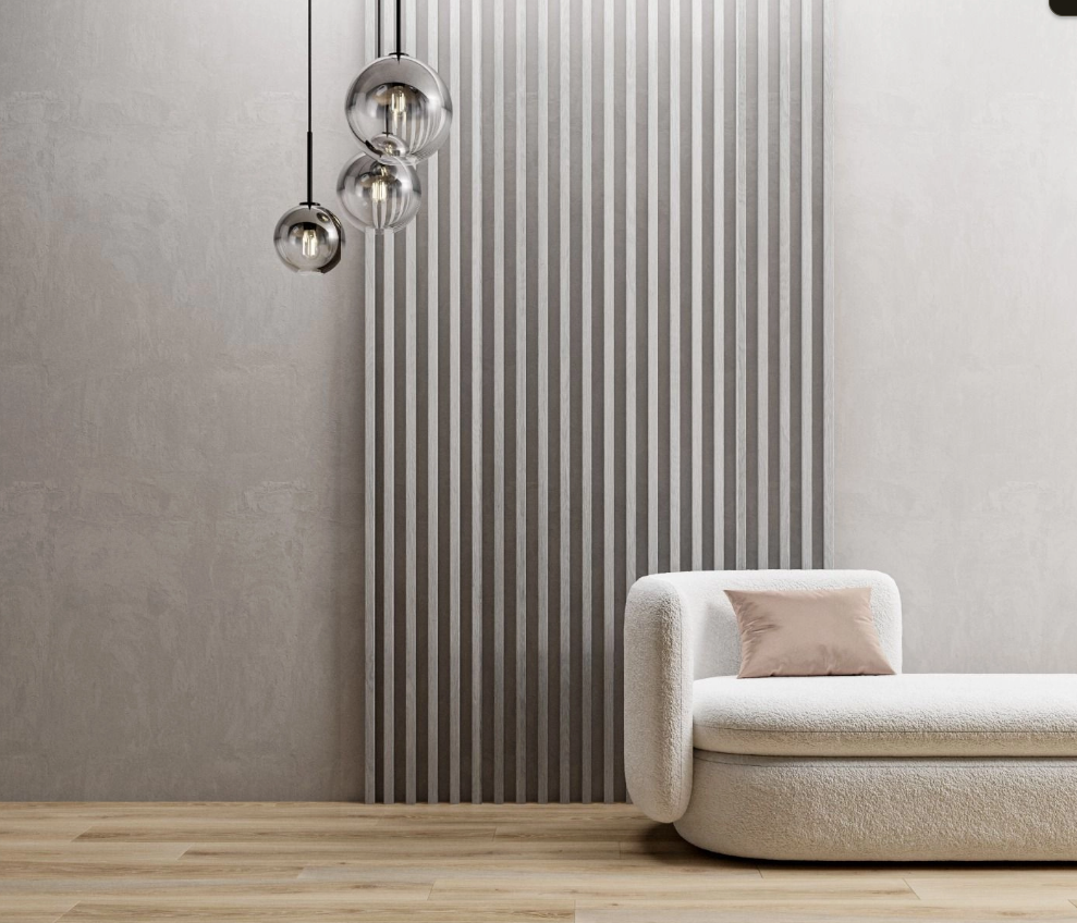 Decorative Wood Slat Wall Panels installed on modern feature wall