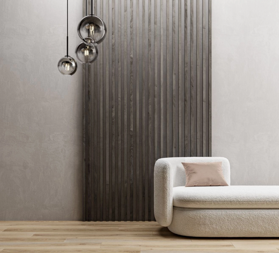 Decorative Wood Slat Wall Panels installed on modern feature wall