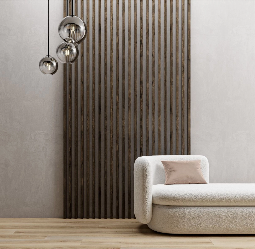 Decorative Wood Slat Wall Panels installed on modern feature wall